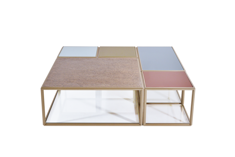 Modular Mondrian Style Brass, Bronze and Glass Low Table