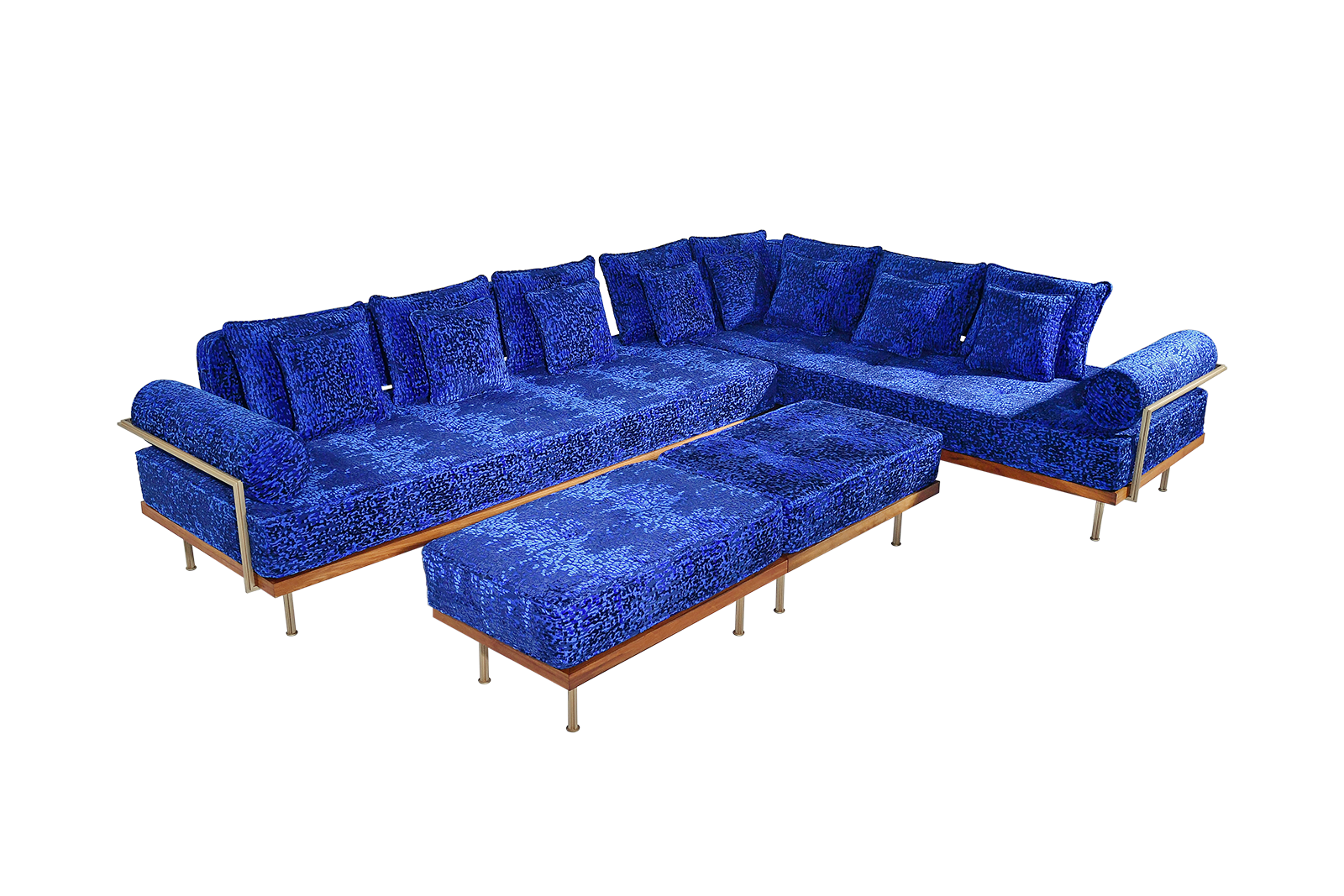 Customized Corner Sofa + Ottomans in Reclaimed Hardwood Frame, Brass