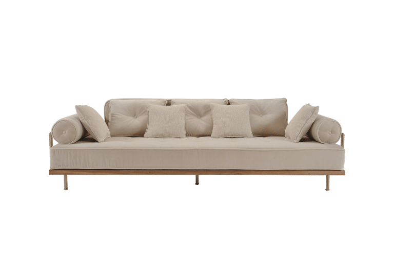 Three-Seater Sofa in Reclaimed Hardwood Frame, Solid Sand Cast Brass Structure