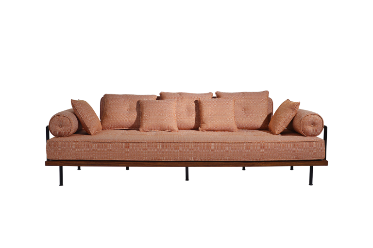 Three-Seater Sofa in Reclaimed Hardwood Frame, Brass Structure