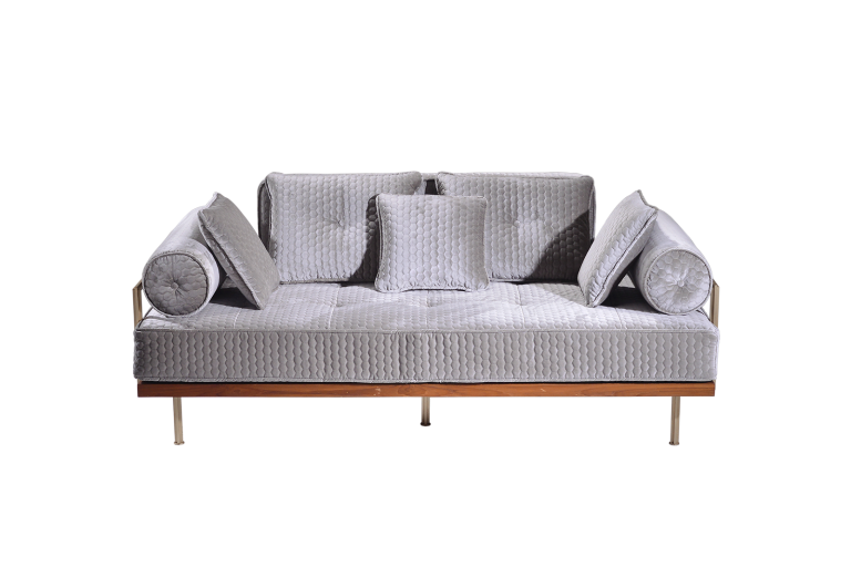 Two-Seater Sofa in Reclaimed Hardwood Frame, Brass Frame