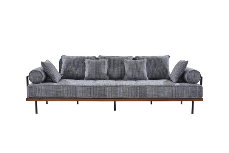 Three-Seater Sofa in Reclaimed Hardwood & Brass Frame