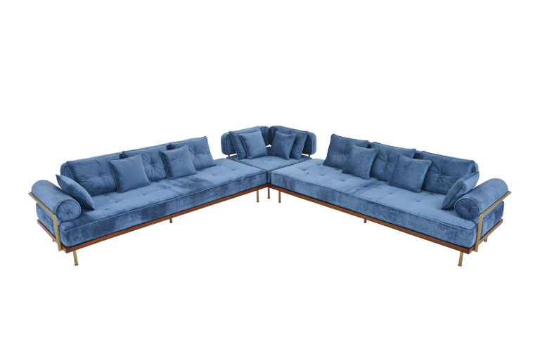 Corner Sofa in Reclaimed Hardwood Frame, Brass Structure