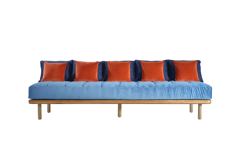 Bespoke Sofa with rounded base edge, Inlaid with brass strip