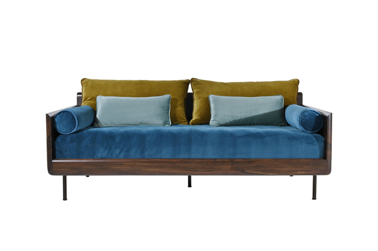 Two Seater Lounge Sofa in Reclaimed Hardwood Frame with Brass Base (Indoor)