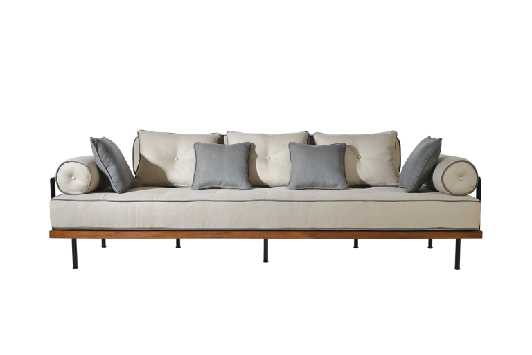 Three-Seater Sofa in Reclaimed Hardwood & Brass Frame (In-stock)