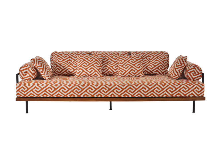 Three-Seater Sofa in Reclaimed Hardwood & Brass Frame