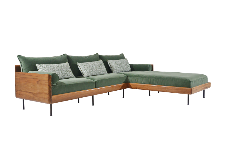 L-Shape Lounge Sofa in Reclaimed Hardwood Frame with Brass Base (Indoor)