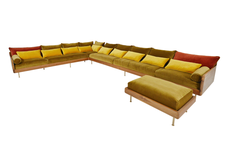 Custom Corner Shape Sofa with Foot Rest in Reclaimed Teak Wood Frame with Brass Base (Indoor)