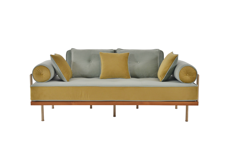 Two-Seater Sofa in Reclaimed Hardwood Frame, Brass Frame